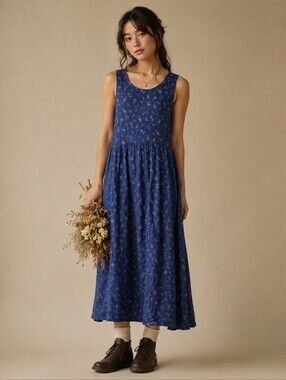 Vintage 90's Erika & Co. Floral Midi Dress Size M Blue Y2K